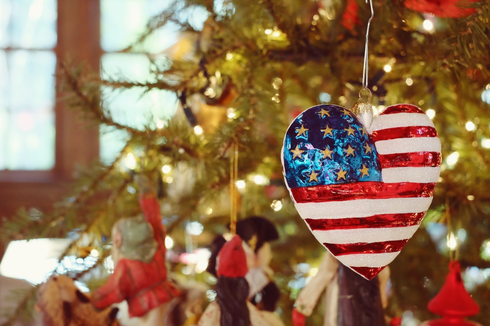 United States Flag Christmas ornament on a Christmas tree