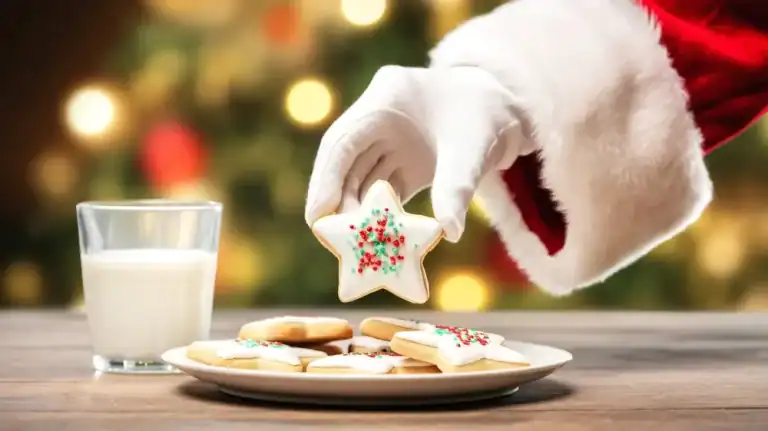 Santa Claus holding a Christmas sugar cookie.